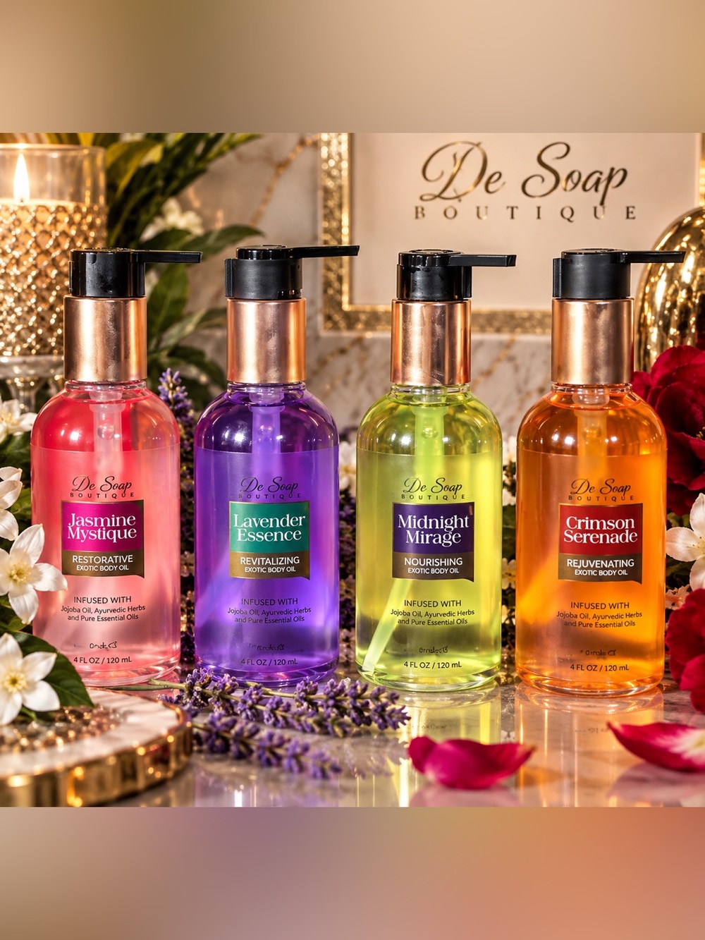 De Soap Boutique Exotic Body Oil 4-Piece Luxury Set 🩷 💜 💛 🧡